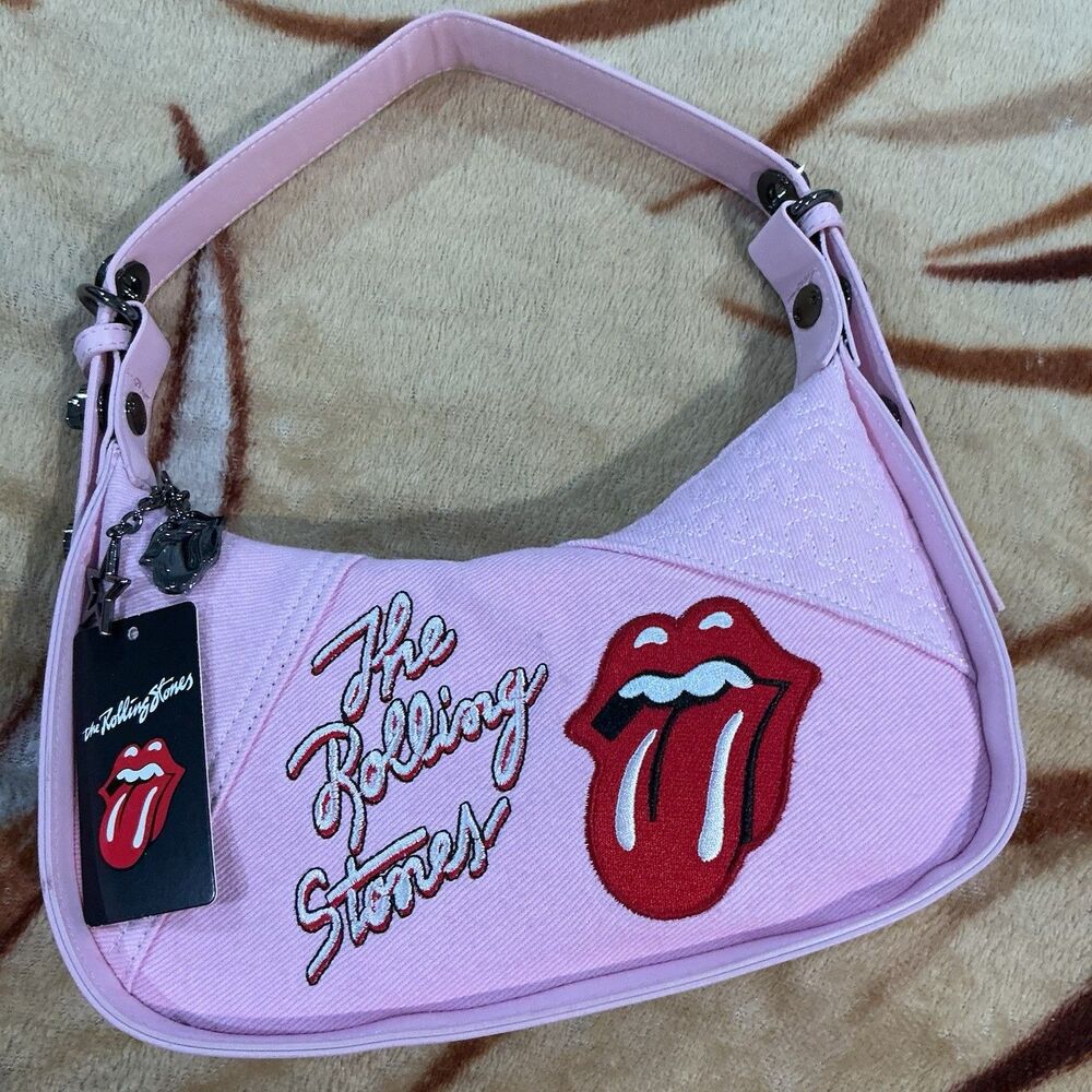THE ROLLING STONES~Logo Embroidered Zip Small Crescent Shoulder Bag Pink~NWT